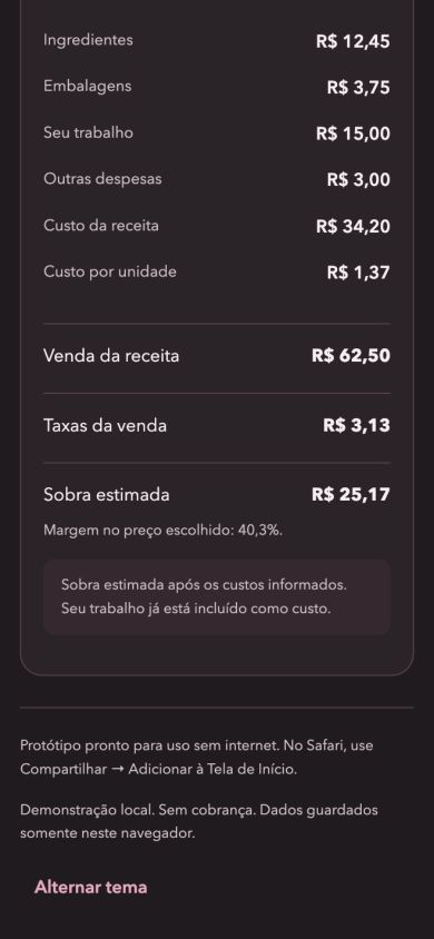Tela real do Preço do Doce para cadastrar a receita e seus ingredientes